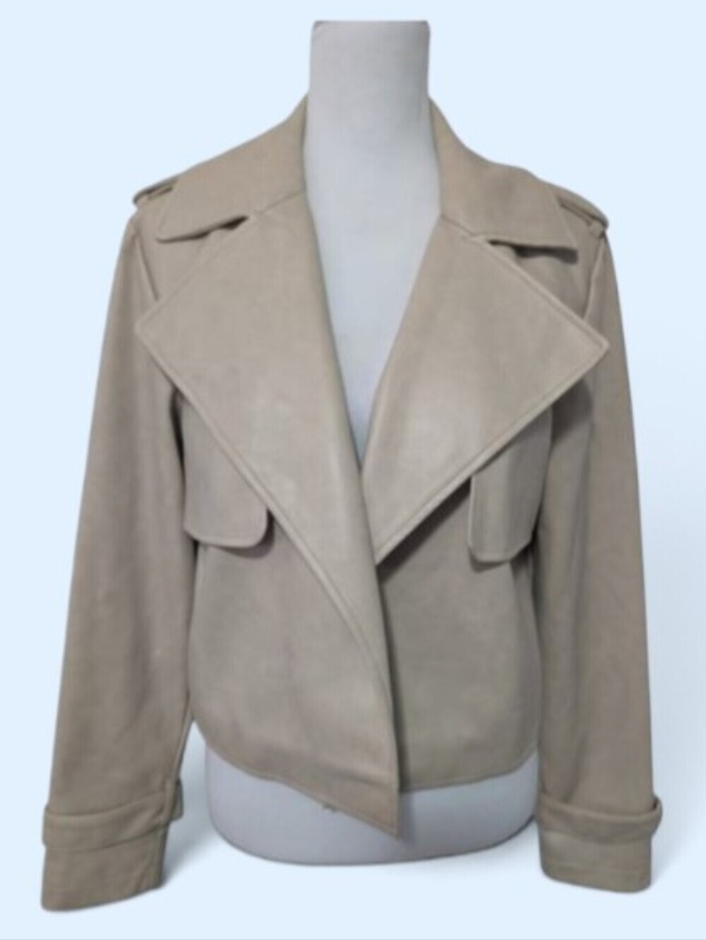 BAGATELLE! LIGHT TAN/DEEPEST CREAM VEGAN LEATHER OPEN FRONT JACKET, COAT! SZ S